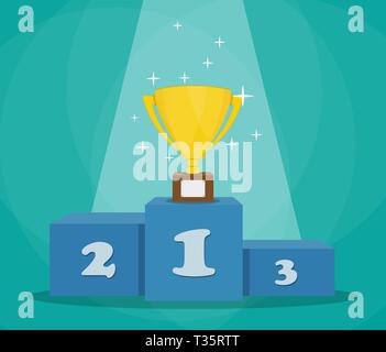 Golden goblet on blue victory pedestal with projector light and sparks. trophy on sports podium. Champion cup. Award, triumph, goal, success. vector i Stock Vector