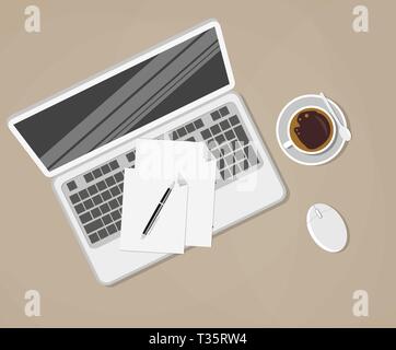 laptop and office supplies laying on the brown board. pen, papers, coffee cup, computer mouse. vector illustration in flat design Stock Vector
