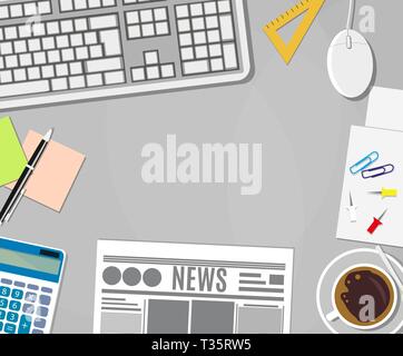 Business calculator, cup of coffee, blank paper, sticky notes, newspaper, pin, pen, keyboard and mouse on white office desktop. copy space for text in Stock Vector