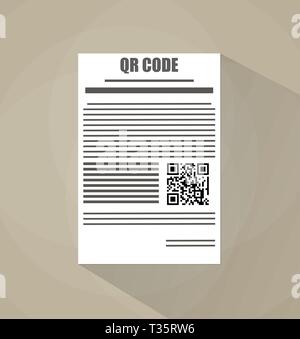 White paper blank document with Qr code. vector illustration in flat design on brown background with long shadow Stock Vector