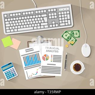Business analysis financial report, computer keyboard mouse, money, coins, coffee cup, calculator, pen, sticky notes, financial reports. vector illust Stock Vector