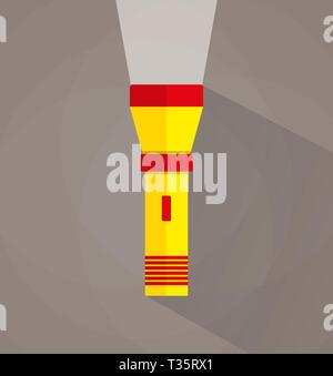 Icon of yellow flashlight with light and long shadow. vector illustration in flat design on brown background Stock Vector
