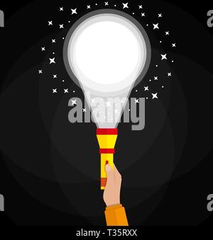 Simple flashlight and hand. internet search engines optimizations concept. vector illustration in flat design on black background Stock Vector