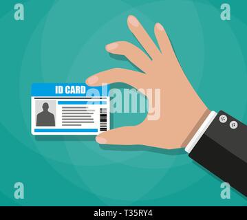 Cartoon businessman Hand holding Id card. vector illustration in flat design on green background Stock Vector