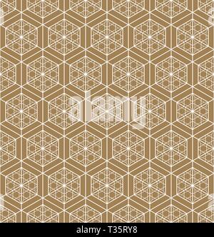 Japanese seamless pattern in style Kumiko.Golden color background and white lines.For template,fabric,shoji screens,textile,wrapping paper,laser cut a Stock Vector