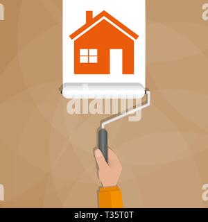 Paint roller with hand make a white line with red house shape on brown wall. vector illustration in flat design Stock Vector