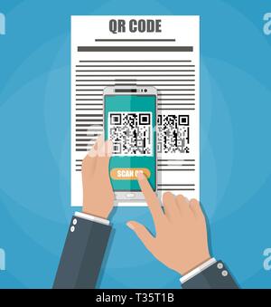 Cartoon hand with mobile phone scanning QR code from document. Electronic scan, digital technology, barcode. Vector illustration in flat design on blu Stock Vector