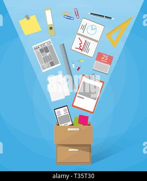 Office furniture. Case, box full of office supplies with folders document papers, calendar, contract, calculator. vector illustration in flat design o Stock Vector