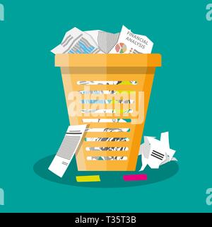 Cartoon office trash recycle bin for garbage. Bin for papers. Vector illustration in flat design on green background Stock Vector