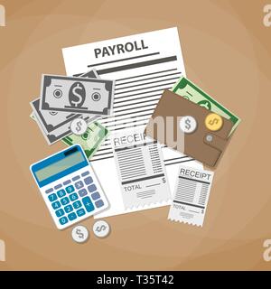 payroll concept. payroll invoice sheet, check receipt, calculator, leather wallet, money bills, coins. vector illustration in flat design on brown bac Stock Vector