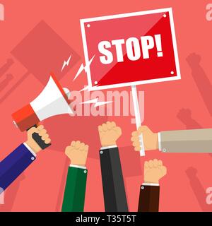 Cartoon hands of demonstrants and hand with Megaphone and stop sign, protest concept, revolution, conflict, vector illustration in flat design on red  Stock Vector