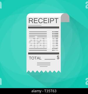 Receipt icon. Invoice icon. total bill icon with dollar symbol. vector illustration in flat design on green background with long shadow Stock Vector