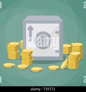 closed small safe box and stacks of gold coins. vector illustration in flat design on green background Stock Vector