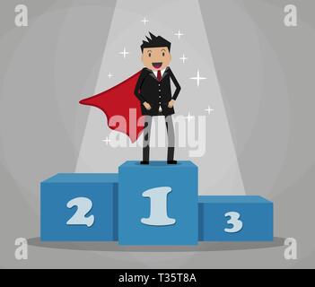 Cartoon super businessman winner in black suit and red cape standing on first place on a podium. vector illustration in flat design on grey background Stock Vector