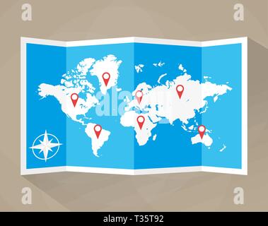 Paper world map with location icons. map icon, vector map, vector illustration in flat design on brown background Stock Vector