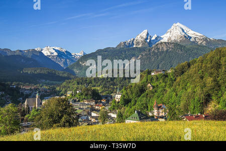 Panoramic landscape view of German small tourist town Berchtesgaden with snow-crowned Watzmann mount in Bavarian Alps