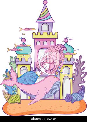 beautiful mermaid with narval in castle vector illustration design Stock Vector
