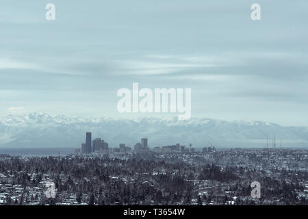 Long Exposure of Seattle at Sunset after Snowstorm in 2019 Stock Photo