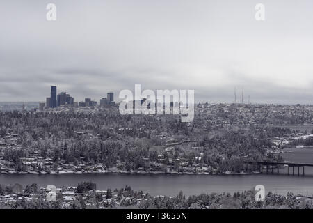 Long Exposure of Seattle at Sunset after Snowstorm in 2019 Stock Photo
