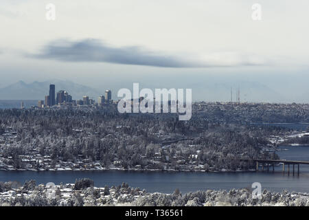 Long Exposure of Seattle at Sunset after Snowstorm in 2019 Stock Photo