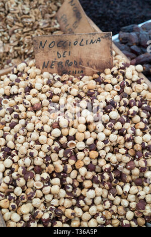 Hazel nuts on display for sale on market stall at old street market - Mercado -  in Ortigia, Syracuse, Sicily Stock Photo