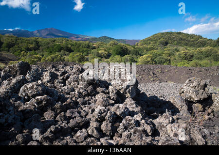 Lava field caused by volcanic eruption of Mount Etna an active stratovolcano on the east coast at Taormina, Sicily, Italy Stock Photo