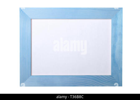 Blue painted narrow wooden photo frame with mockup space isolated on white background Stock Photo