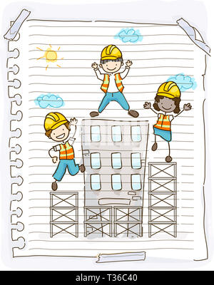 Illustration of a Doodle of Stickman Kids Wearing Yellow Hard Hats on Construction Site Stock Photo
