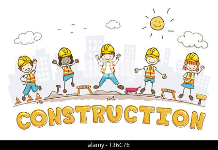 Illustration of Stickman Kids in Construction Site, Wearing Yellow Hard Hat Stock Photo