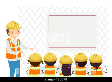 Illustration of Stickman Kids Wearing Hard Hat and Safety Vest Listening to a Construction Engineer Stock Photo