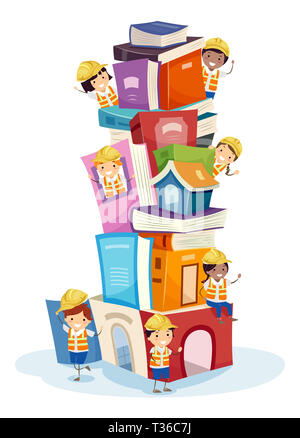 Illustration of Stickman Kids Wearing Yellow Hard Hat and Vest with Books Stacked as a Building Stock Photo