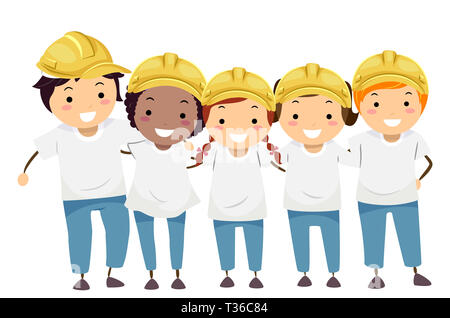 Illustration of Stickman Kids Wearing White Shirts and Yellow Hard Hats Stock Photo