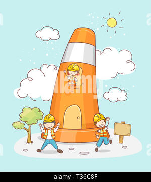 Illustration of a Traffic Cone House with Stickman Kids Wearing Construction Yellow Hard Hats Stock Photo