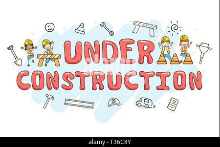 Illustration of Stickman Kids with Under Construction Lettering and other Elements Stock Photo