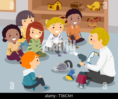 Illustration of a Teacher Introducing Different Woodworking Tools to Kids Stock Photo