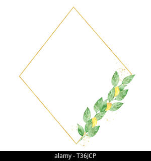 Watercolor greenery lemon frame in green and gold colors. Frame, border, background. Elegant illustration with place for your text. Perfect for greeti Stock Photo