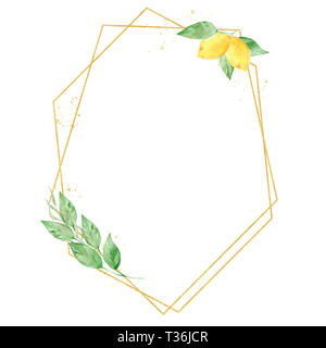 Watercolor greenery lemon frame in green and gold colors. Frame, border, background. Elegant illustration with place for your text. Perfect for greeti Stock Photo