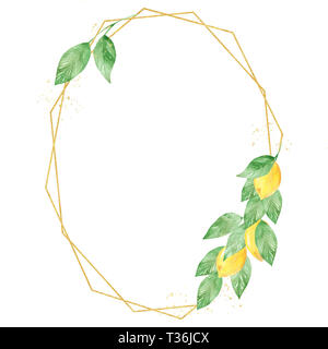 Watercolor greenery lemon frame in green and gold colors. Frame, border, background. Elegant illustration with place for your text. Perfect for greeti Stock Photo