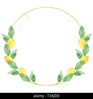 Watercolor greenery lemon frame in green and gold colors. Frame, border, background. Elegant illustration with place for your text. Perfect for greeti Stock Photo