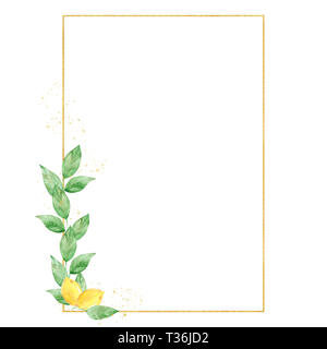 Watercolor greenery lemon frame in green and gold colors. Frame, border, background. Elegant illustration with place for your text. Perfect for greeti Stock Photo