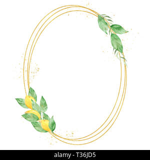 Watercolor greenery lemon frame in green and gold colors. Frame, border, background. Elegant illustration with place for your text. Perfect for greeti Stock Photo