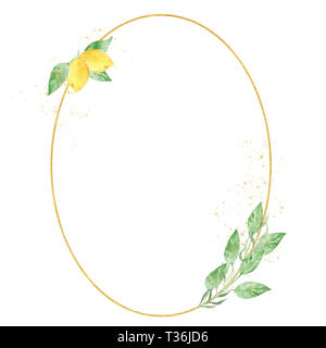 Watercolor greenery lemon frame in green and gold colors. Frame, border, background. Elegant illustration with place for your text. Perfect for greeti Stock Photo