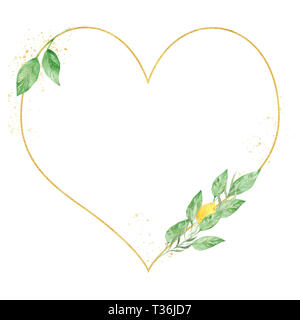 Watercolor greenery lemon frame in green and gold colors. Frame, border, background. Elegant illustration with place for your text. Perfect for greeti Stock Photo