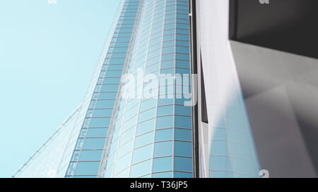 Bottom view of modern skyscrapers in business district against blue sky - closeup background Stock Photo