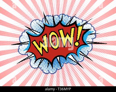 Pop art comic speech bubble with text Wow stripes and clouds. Vector bright dynamic cartoon illustration in retro magazine style with halftone effects Stock Vector