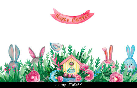 Banner Spring Easter composition house basket branches flowers eggs on white isolated background. Festive symbolic elements Stock Photo