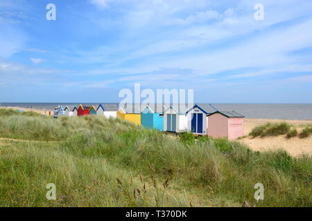 Beach huts on the seafront at Southwold seaside resort in Suffolk, UK Stock Photo