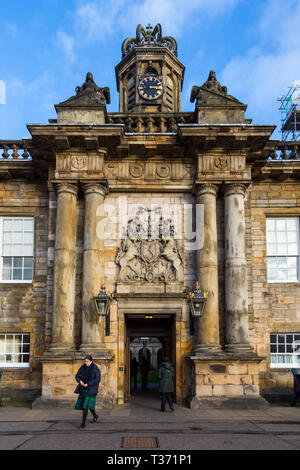 EDINBURGH, SCOTLAND - FEBRUARY 9, 2019 - Placed in the Royal Mile, the Palace of Holyroodhouse is the official residence of the Monarchy in Scotland.  Stock Photo