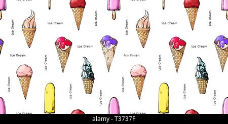 Seamless pattern with color sketch of ice cream. Vector Stock Vector