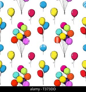 Seamless pattern with balloons. Hand drawn, isolated on a white background. Vector illustration Stock Vector